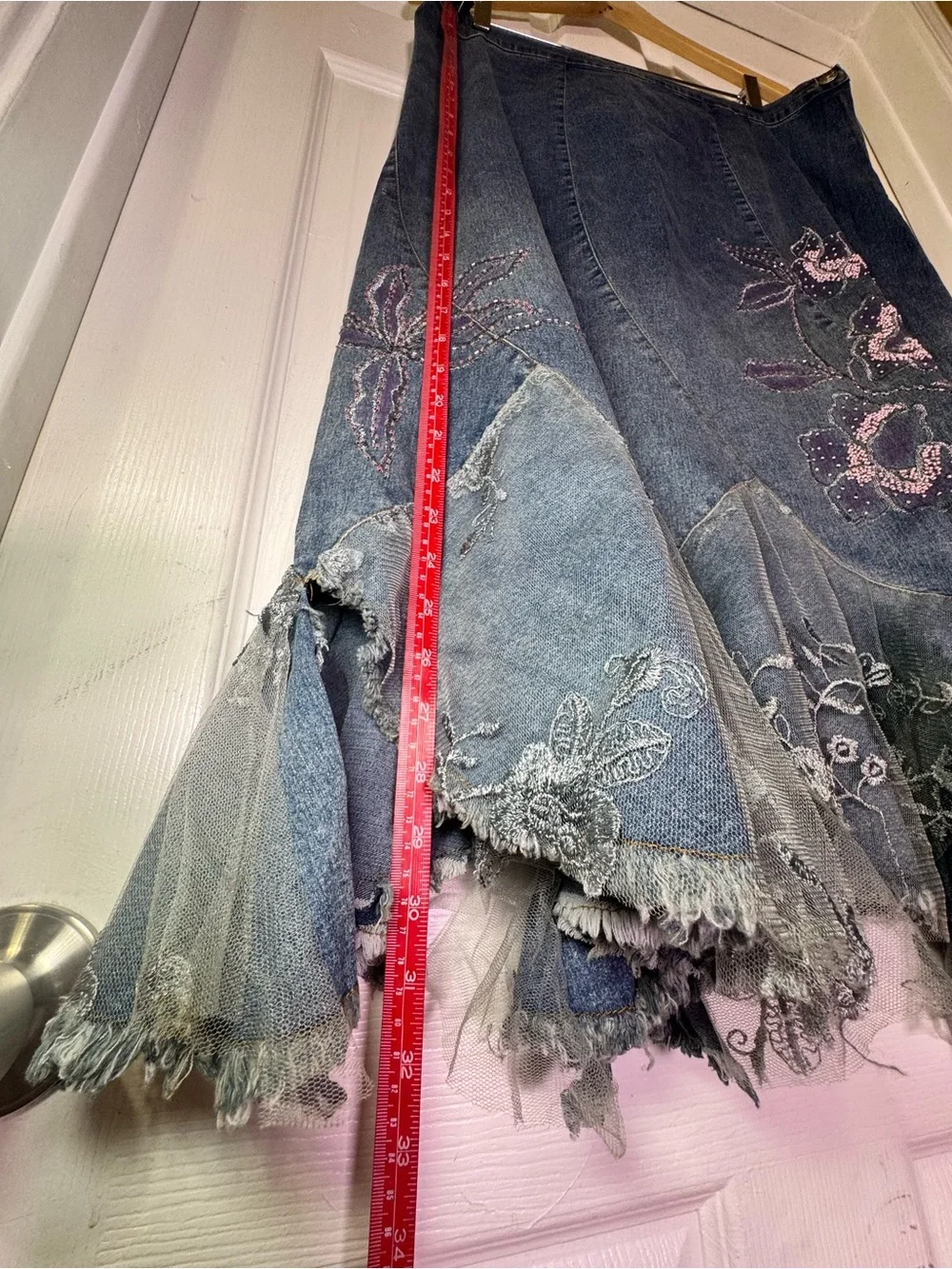 Vintage Free Party Jeans Floral Embroidered Tulle Hem Denim Skirt - Size L